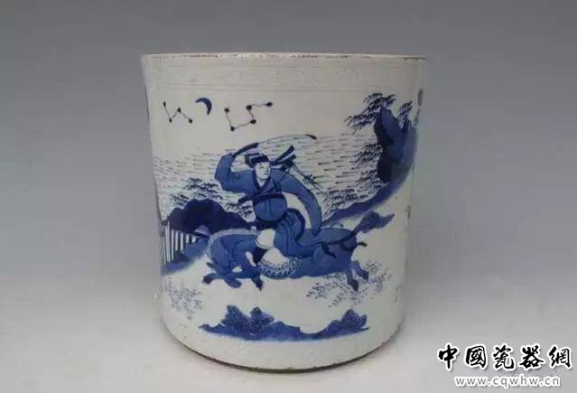 明崇祯 青花萧何月下追韩信笔筒