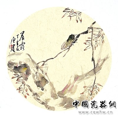 图为唐建绘《晨露》团扇